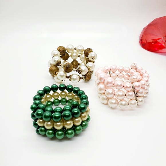 Lot of 3 Vintage faux pearl memory wire bracelets white gold cream wristie retro - Picture 3 of 7